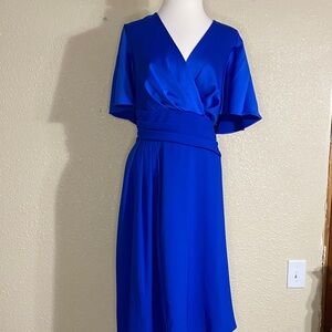 NWT Adrianna Papell Blue Satin Crepe Midi V-neck Dress Flutter Sleeves Size 16W